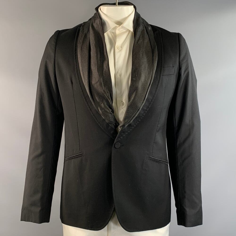 JOHN GALLIANO Chest Size 40 Black Silver Ruffled Wool Shawl Sport Coat